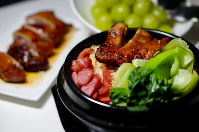 lap cheong bowl with bak choy and char siu meat