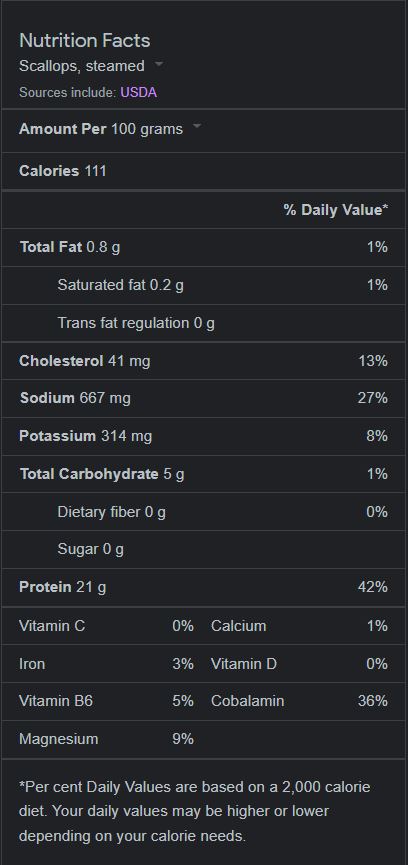 nutrition table for steamed scallops 